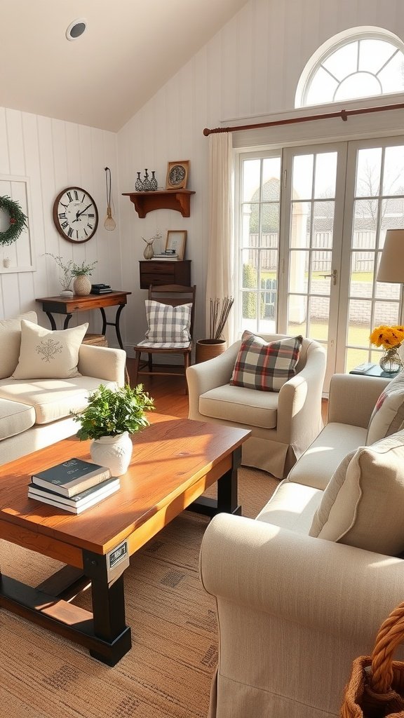 A cozy farmhouse living room with neutral furniture, a wooden coffee table, and natural light coming through large windows.