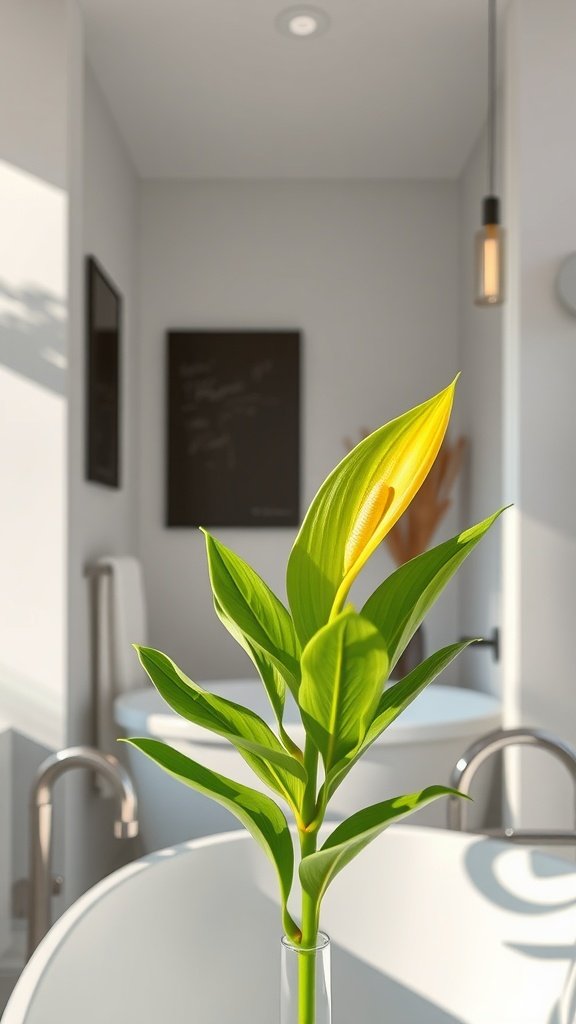 A vibrant green houseplant with a yellow leaf in a modern bathroom setting.