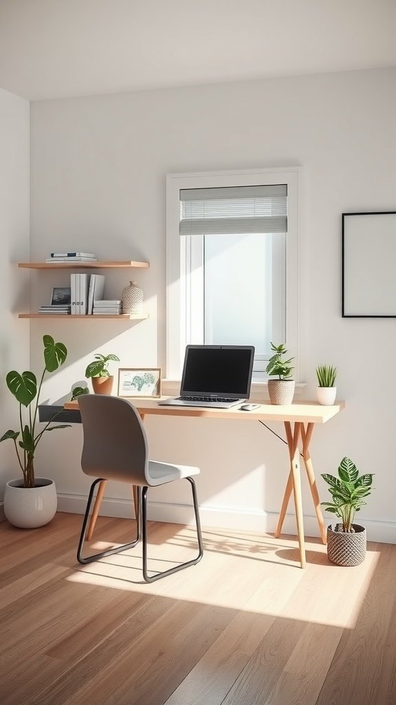 Minimalist home office setup featuring a wooden desk, laptop, and plants.