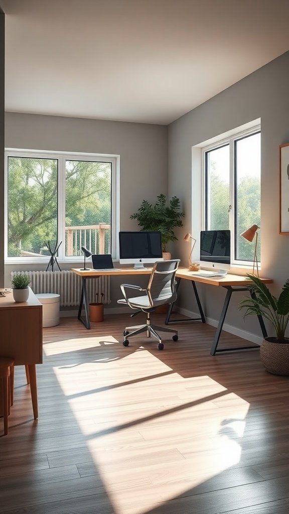 A minimalist home office with natural light from large windows, modern furniture, and plants.