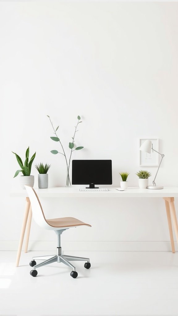 Minimalist home office setup featuring a white desk, plants, and a computer.
