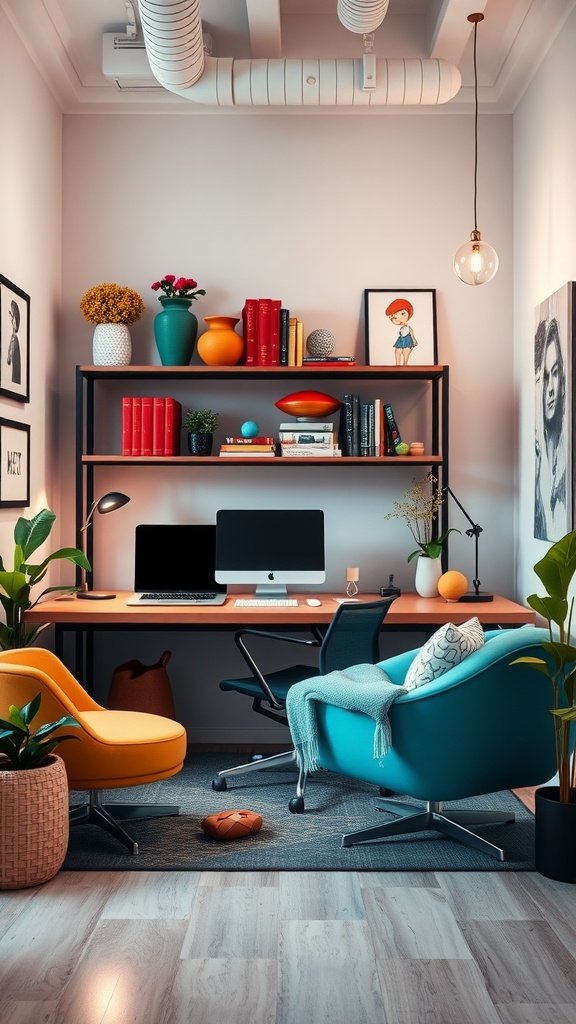 A colorful and modern home office featuring a stylish desk, vibrant chairs, and decorative shelves.