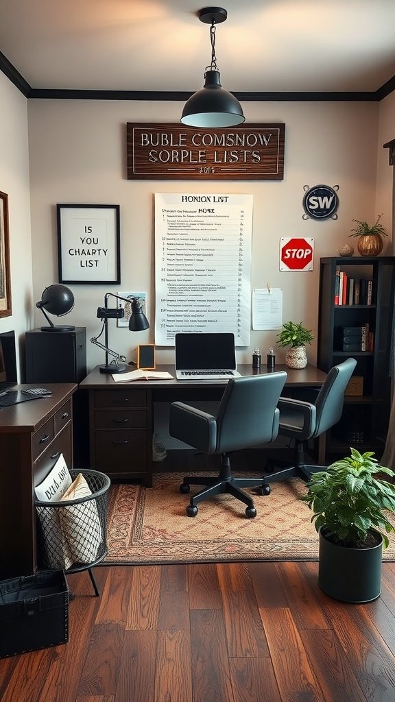 A masculine home office featuring dark wood furniture, organized workspace, and stylish decor elements.
