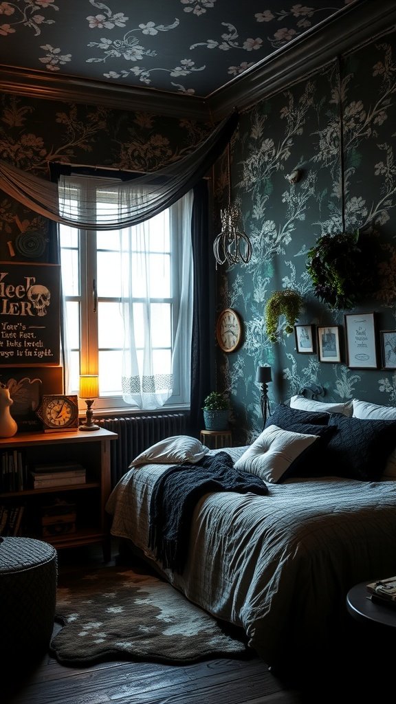 A whimsical goth bedroom featuring dark floral wallpaper, cozy bedding, and unique decor.