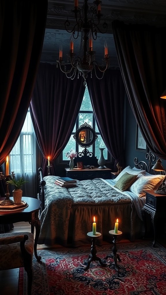 A whimsical gothic bedroom featuring dark curtains, a plush bed, candles, and rich decor.