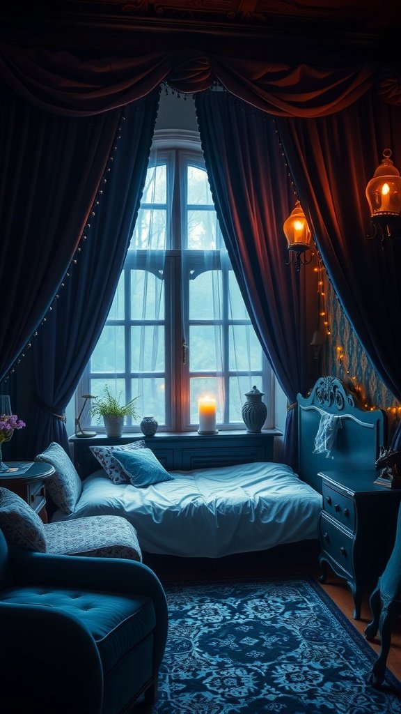 Cozy whimsical bedroom with gothic touches, featuring blue curtains, a candle, and vintage furniture.