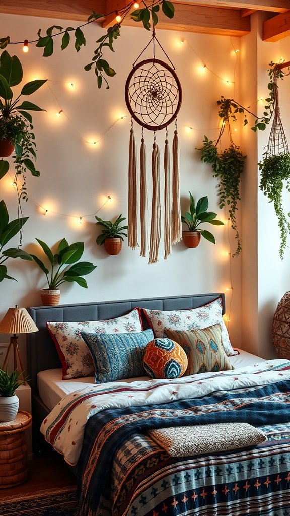A cozy Boho bedroom featuring a decorated bed with colorful pillows, plants, a dreamcatcher, and fairy lights.