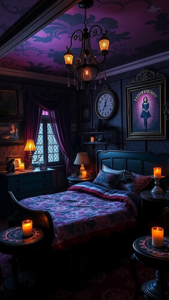 A whimsical goth bedroom inspired by Dark Alice In Wonderland, featuring deep colors, a chandelier, and enchanting decor.