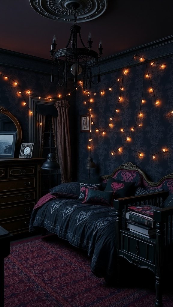 A cozy goth bedroom featuring dark walls, fairy lights, and elegant furnishings.