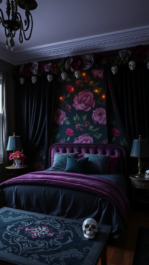 A whimsical goth bedroom featuring a floral headboard, dark curtains, skull decorations, and rich colors.