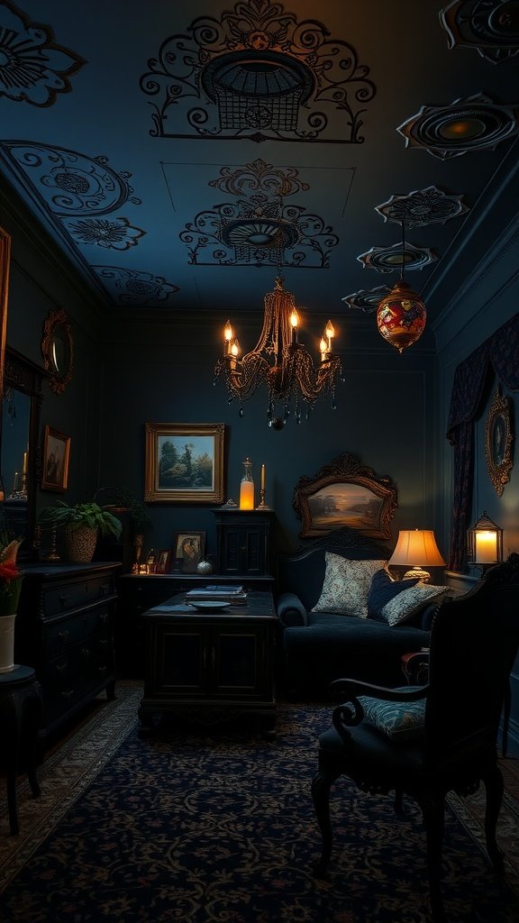 A cozy goth bedroom with a midnight blue ceiling featuring intricate designs, an elegant chandelier, vintage furniture, and warm lighting.