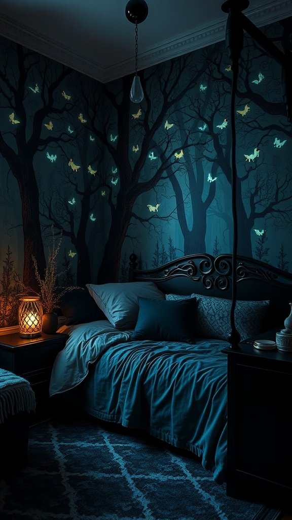 A cozy bedroom with mystical forest wallpaper, featuring dark trees and glowing butterflies, soft bedding, and warm lighting.