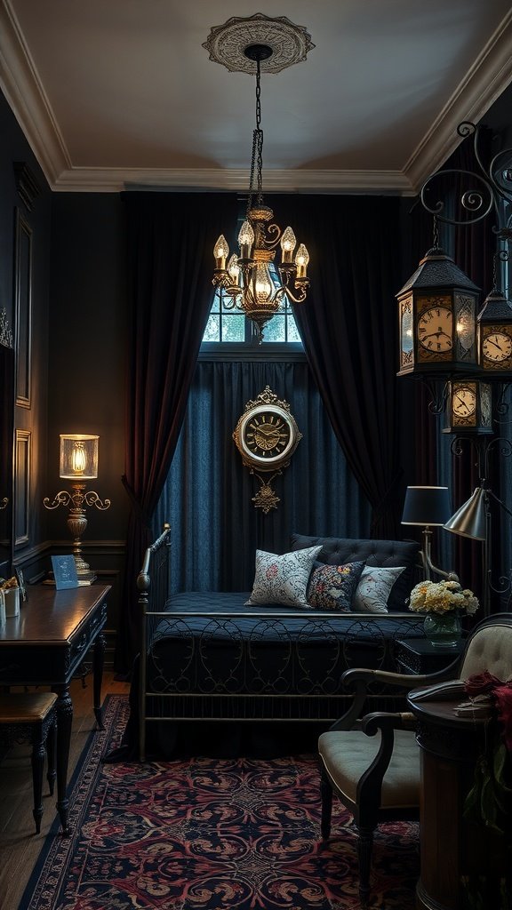 A whimsical gothic bedroom featuring dark walls, a vintage chandelier, an elegant bed with decorative pillows, and ornate furniture in a steampunk style.