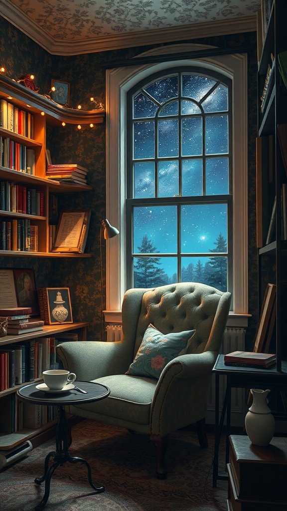 A cozy reading nook with a plush chair, a cup of tea, and a starry night view through the window.