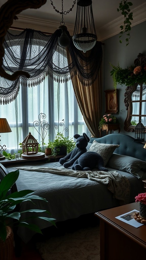 Cozy whimsical woodland bedroom with plants, plush dog, and soft textures.