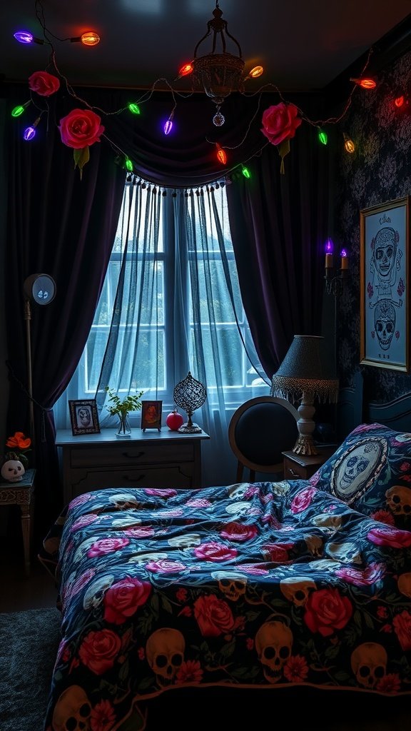 A whimsical goth bedroom featuring vibrant floral bedding, fairy lights, and dark curtains.