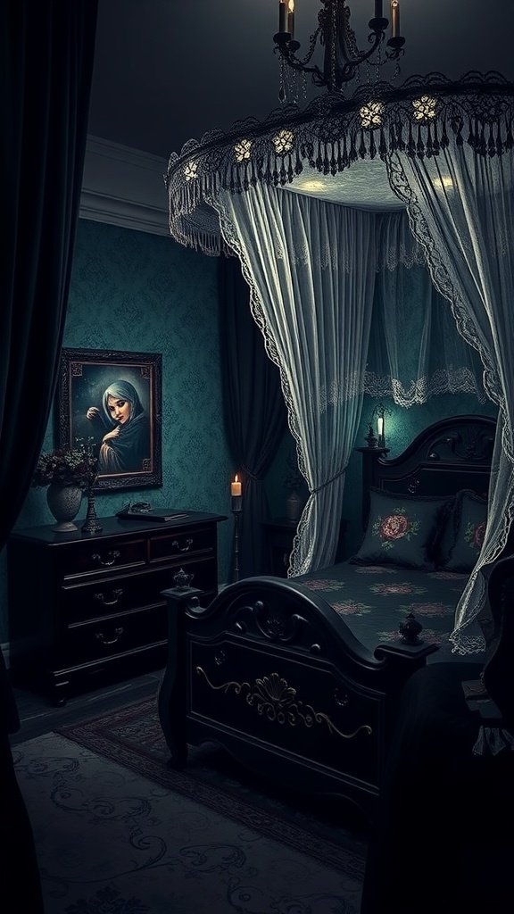 A gothic fairy tale bedroom featuring a canopy bed, dark furniture, and soft candlelight.