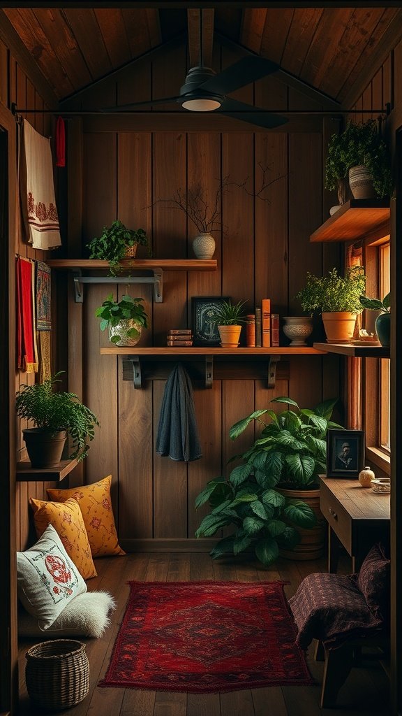 A cozy timber alcove filled with plants, a red rug, and warm decor.