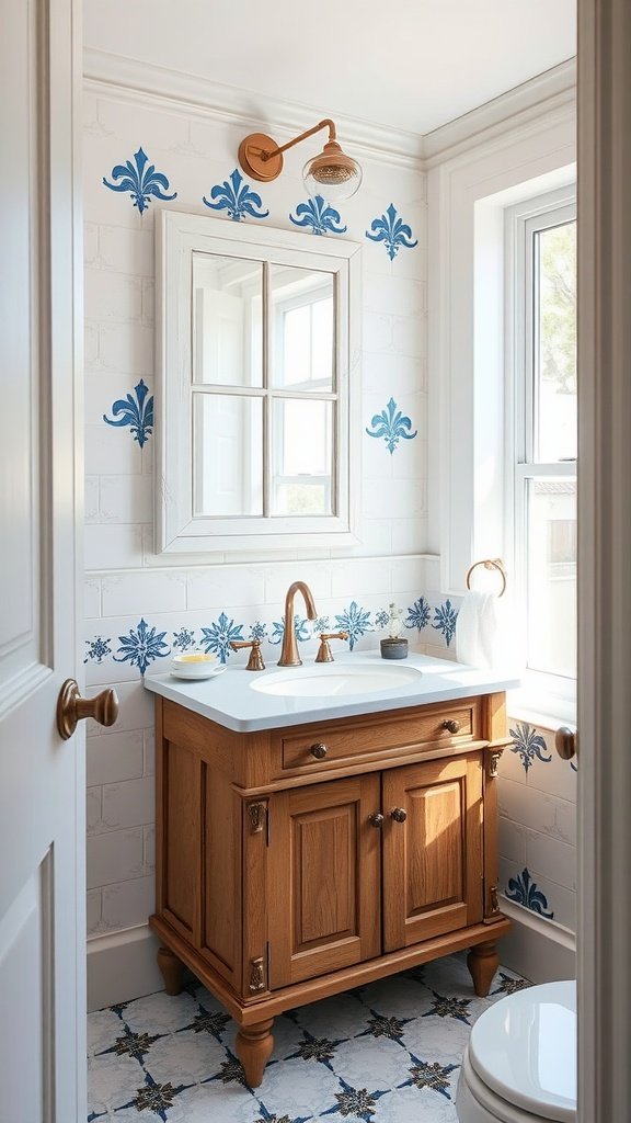 A small beach style bathroom featuring white walls with blue patterned tiles and a wooden vanity.