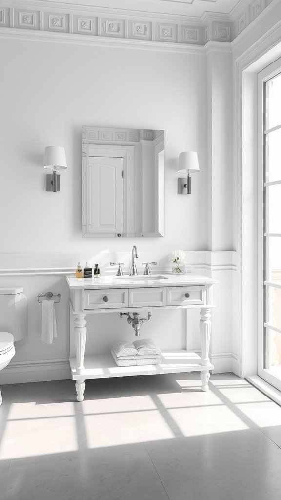 A small white bathroom featuring a marble console sink and gray floor with elegant fixtures.