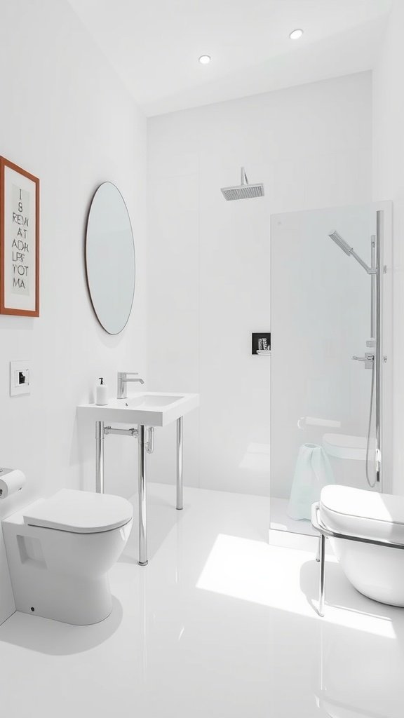 Modern white bathroom featuring an open shower, chrome leg console sink, and minimalist design.