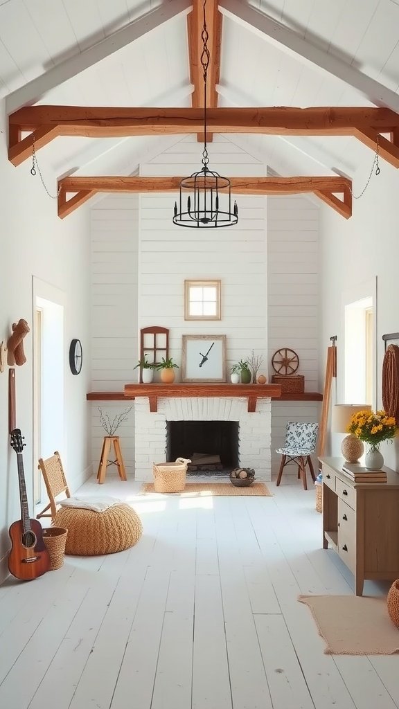 A bright farmhouse living room featuring White Dove paint on the walls, wooden beams, a cozy fireplace, and rustic decor elements.