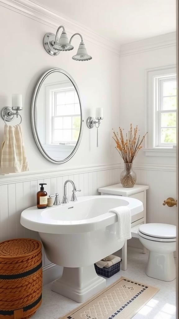 A bright, serene bathroom featuring White Dove paint, showcasing a stylish bathtub, light fixtures, and cozy decor.