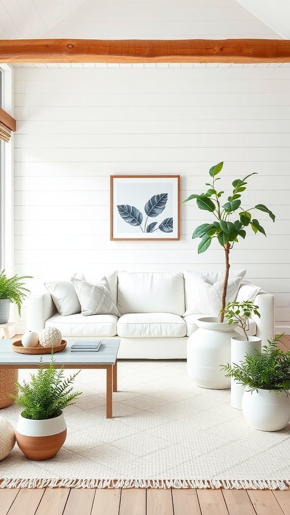 Bright and airy farmhouse living room with white couch, wooden beams, and potted plants