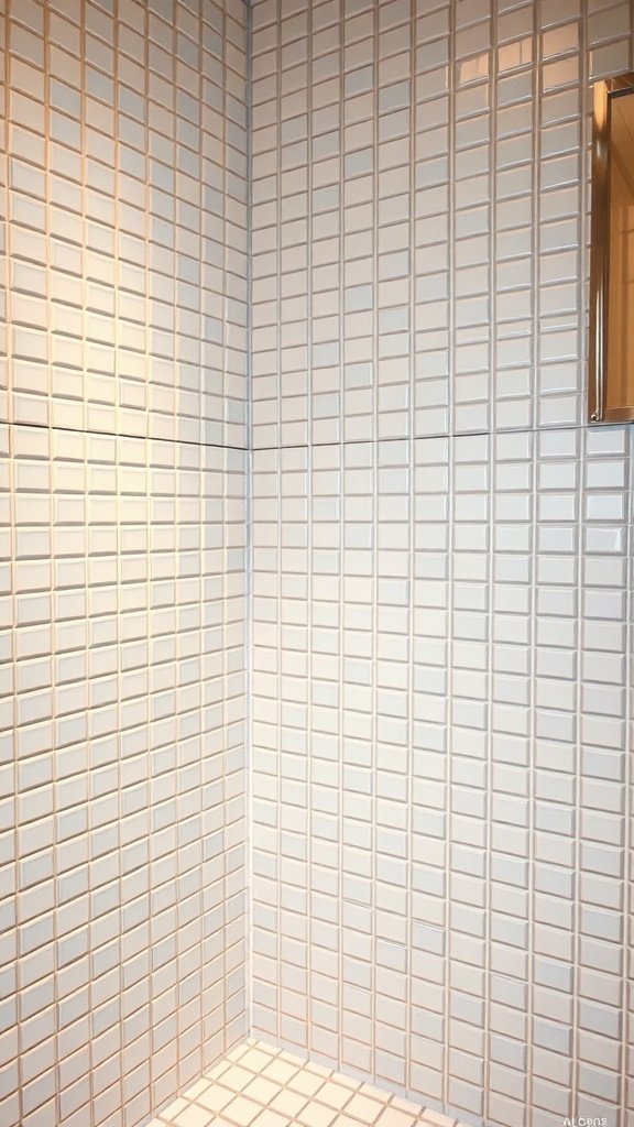 Close-up view of white mosaic tiles on bathroom walls.