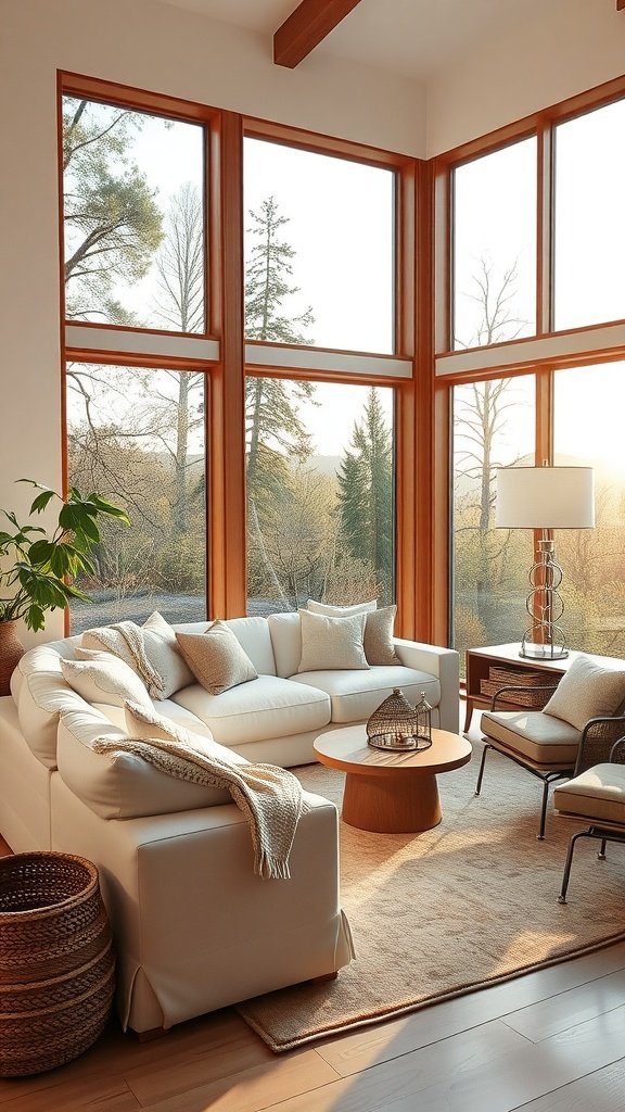 Bright living room featuring a white sofa, large windows, and warm wooden accents with a scenic view outside.