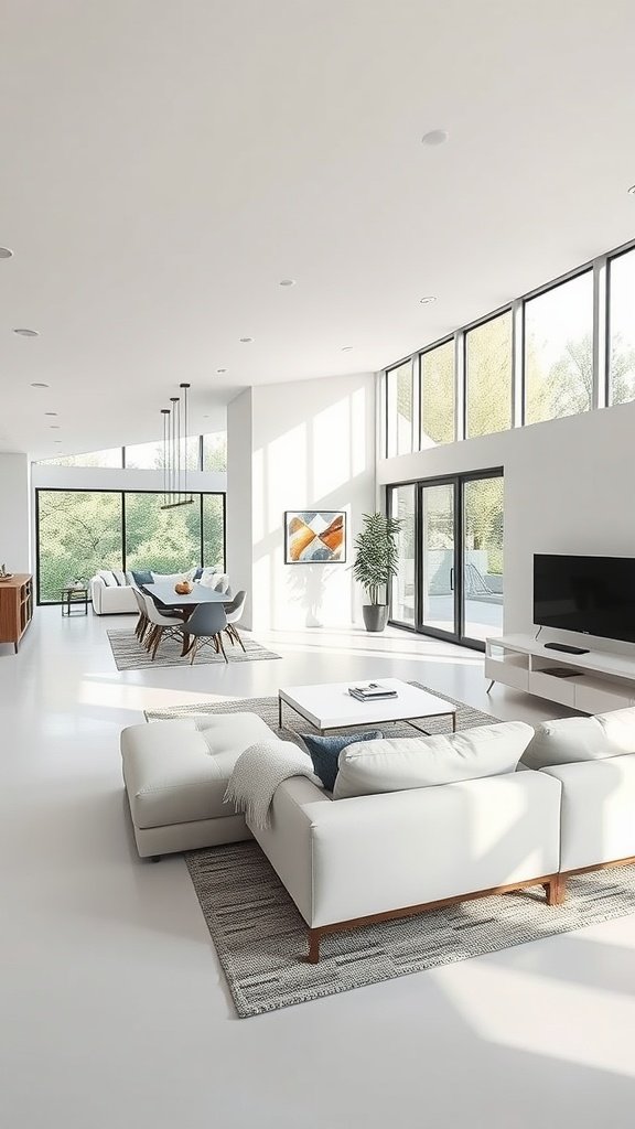 Contemporary living room featuring a white sofa, large windows, and an open concept layout