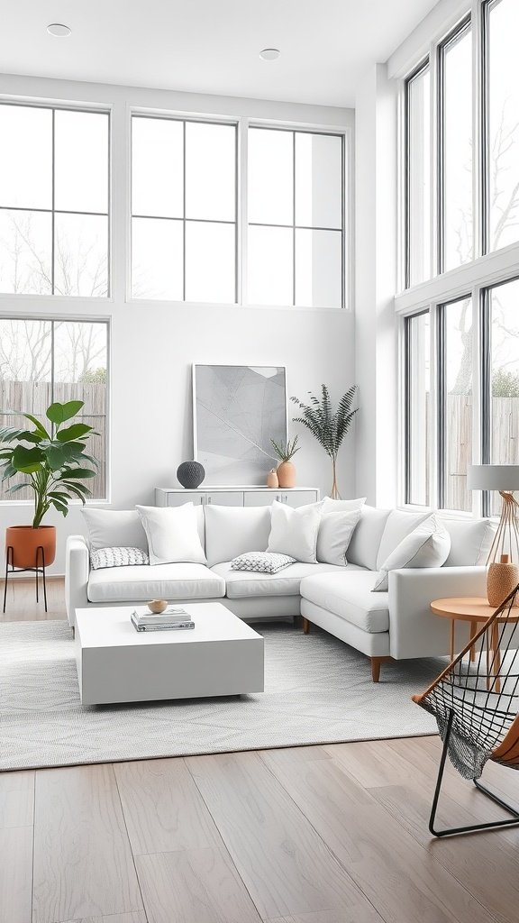 Modern minimalist living room with a white sofa and large windows