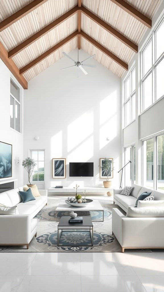 A spacious living room with vaulted ceilings and white sofas, featuring natural light and modern decor.