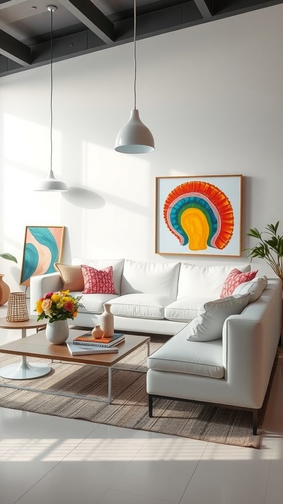 A contemporary living room featuring a white sofa, colorful artwork, and natural light.