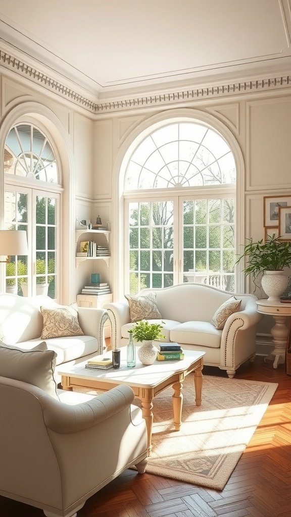Classic living room featuring white sofas, large windows, and a warm wooden floor.