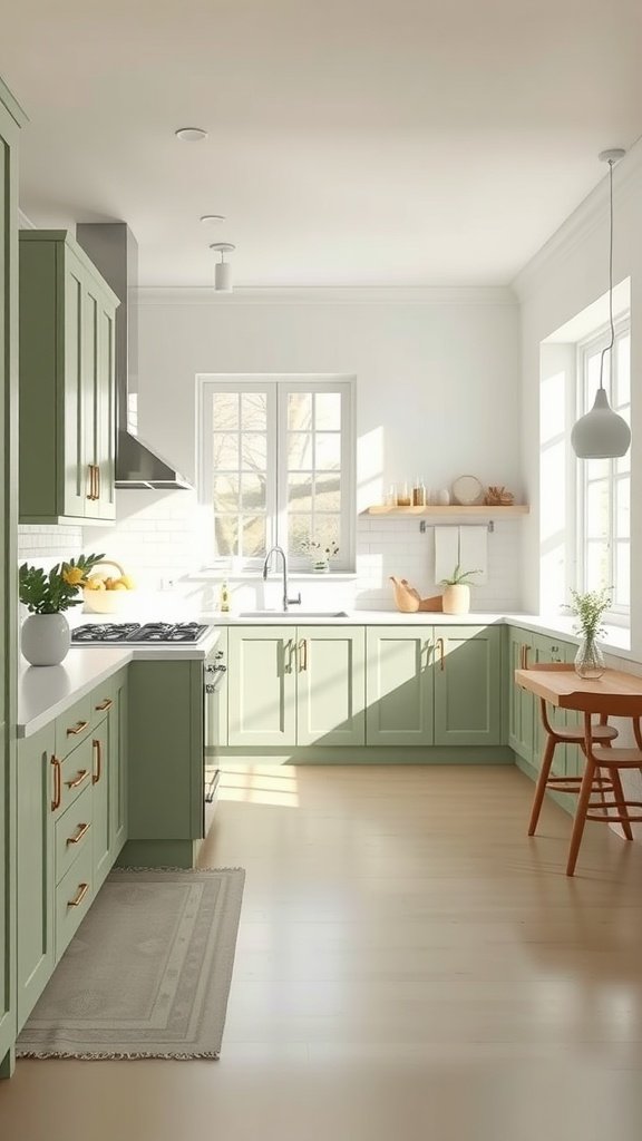 A cozy, modern kitchen featuring sage green cabinets with white walls.