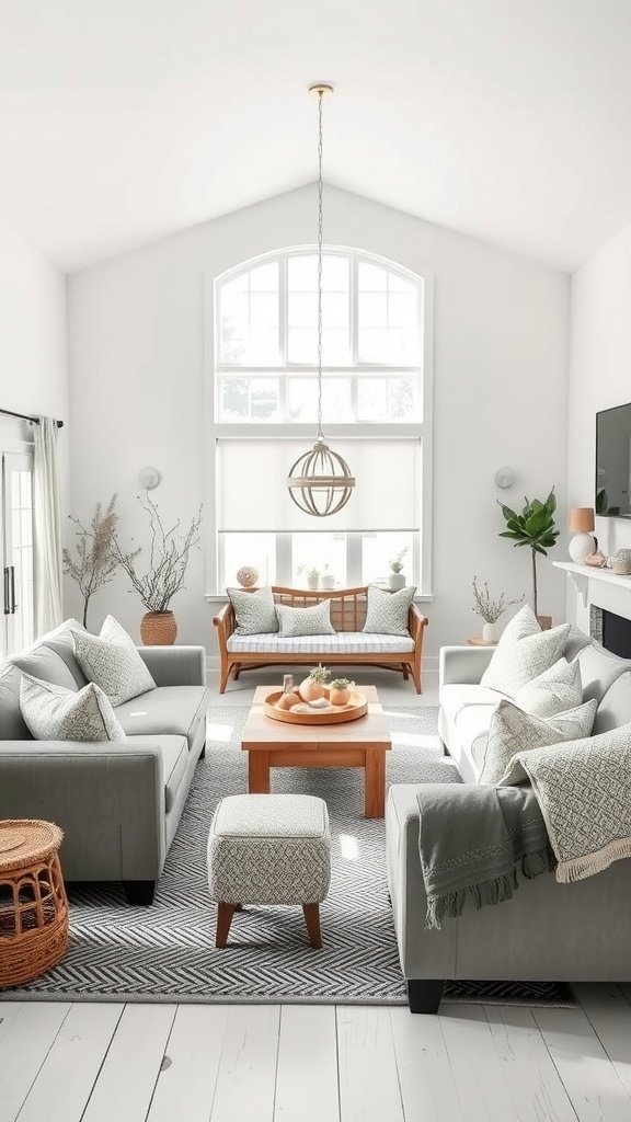 A bright farmhouse living room featuring white walls, grey sofas, and wooden furniture.