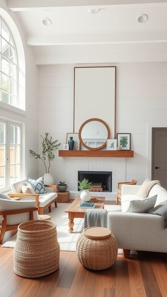 Modern farmhouse living room with whitewashed walls, wooden furniture, and cozy decor.