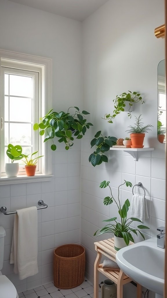 A bright bathroom decorated with various low light houseplants in pots, showcasing a refreshing and inviting atmosphere.