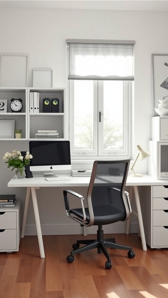 A minimalist and modern office setup with a desk, ergonomic chair, and storage shelves