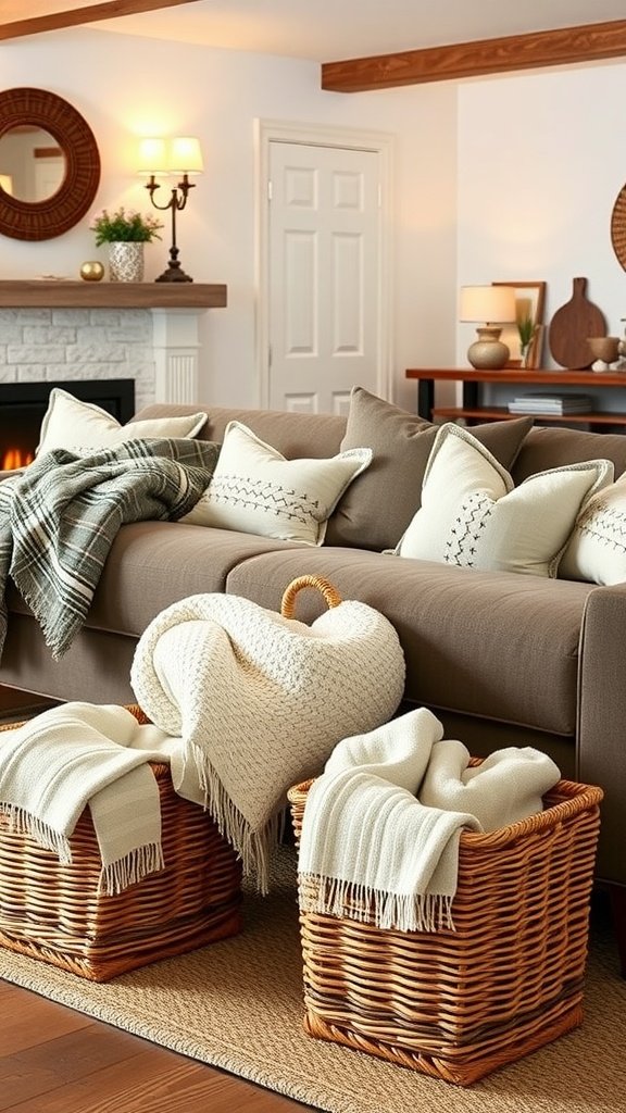 Cozy living room with wicker baskets for storage beside a sofa.