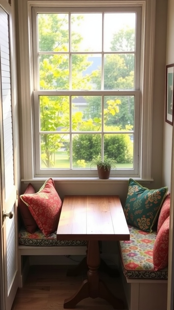 A cozy window seat dining area with colorful cushions and a small wooden table.