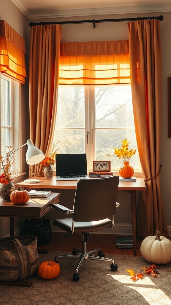Cozy fall home office with orange curtains, pumpkins, and a well-lit workspace