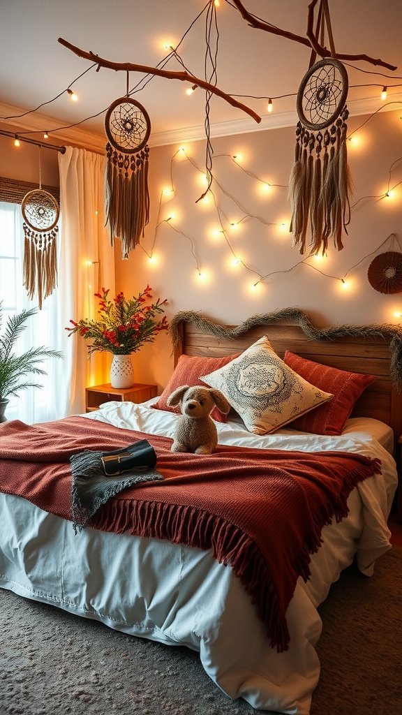 Cozy boho bedroom with rust-colored blanket, dreamcatchers, fairy lights, and stuffed animal