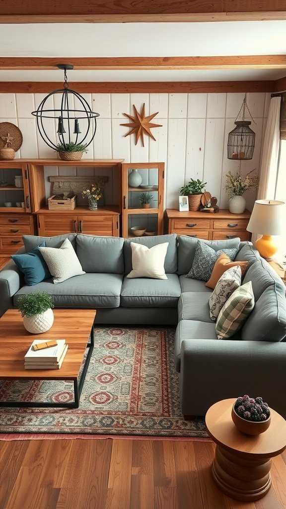 Cozy living room featuring a large grey sectional, wooden coffee table, and decorative accents in a modern farmhouse style.