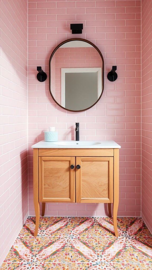 A small bathroom featuring a wood vanity, pink wall tiles, and colorful terrazzo flooring.