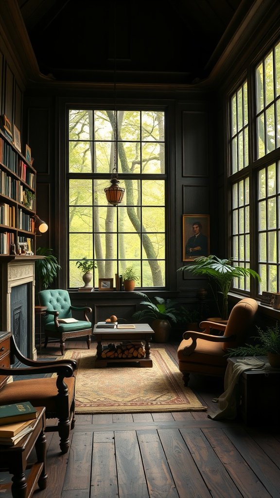 A cozy study with dark wood interiors, large windows, and comfortable chairs creating a moody and nostalgic atmosphere.