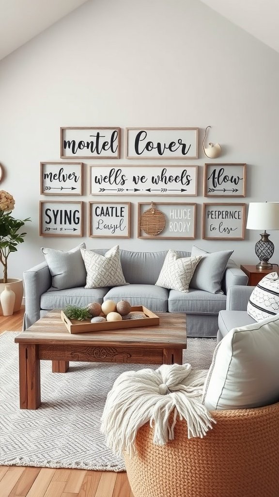A grey modern farmhouse living room featuring framed word signs on the wall above a cozy sofa.