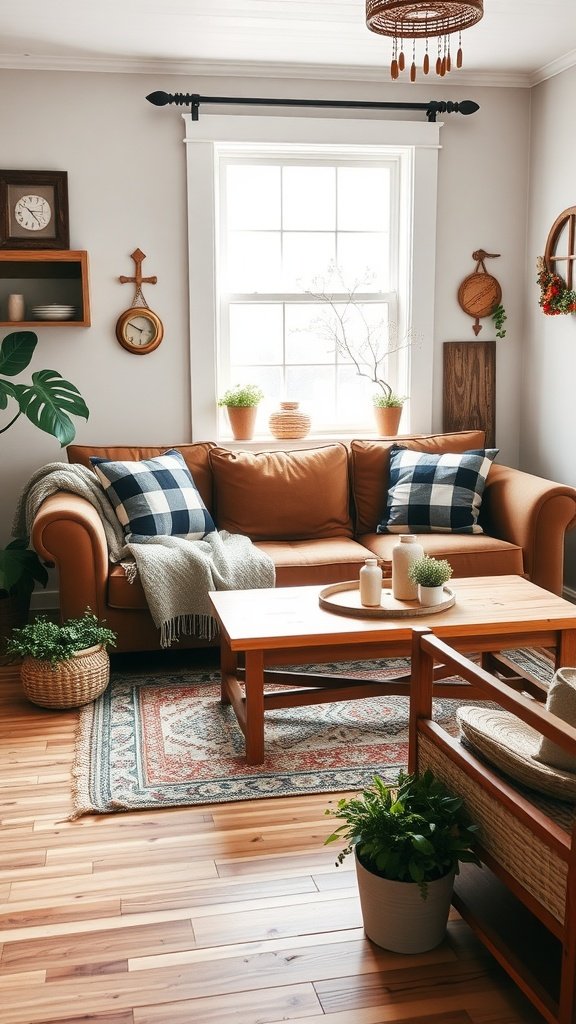 A cozy farmhouse living room featuring a brown couch with plaid pillows, a wooden coffee table, and houseplants.