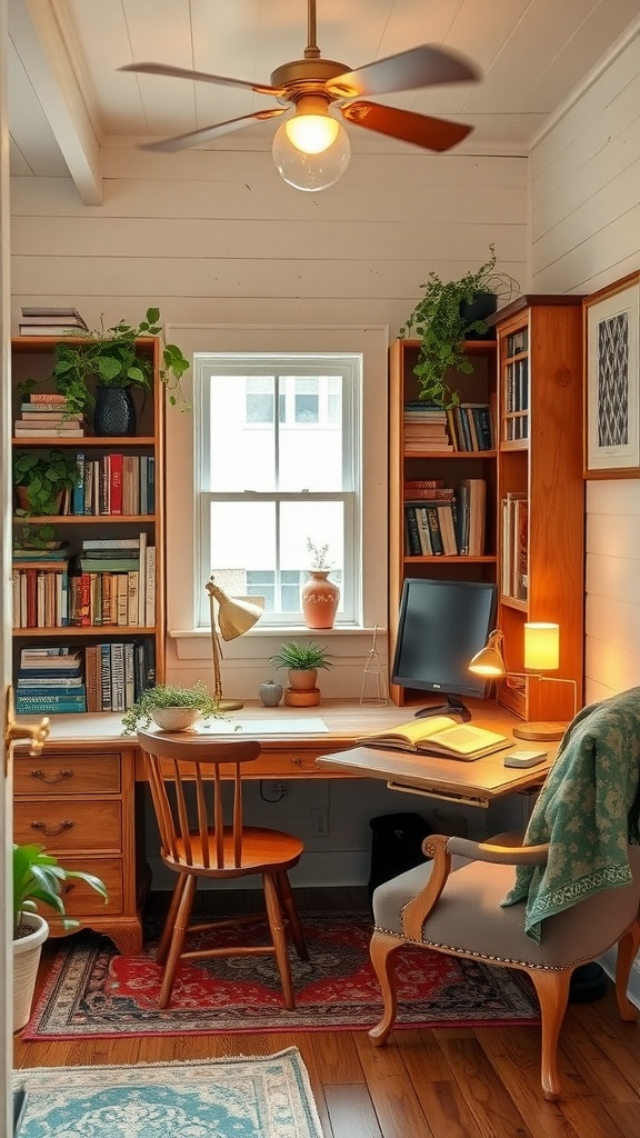 Cozy she shed office with a desk, bookshelves, and plants